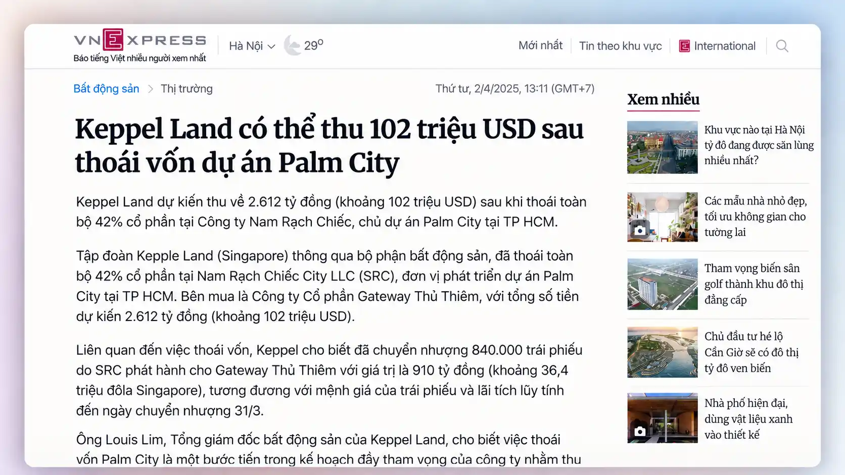 trich dan Vnexpress dua tin ve Keppel Land thoai von Palm City 2025 Keppel Land thoái vốn Palm City từ 2025